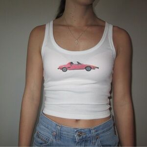 White tank top with red car design! #babytank #redcar #vintage #wornonce